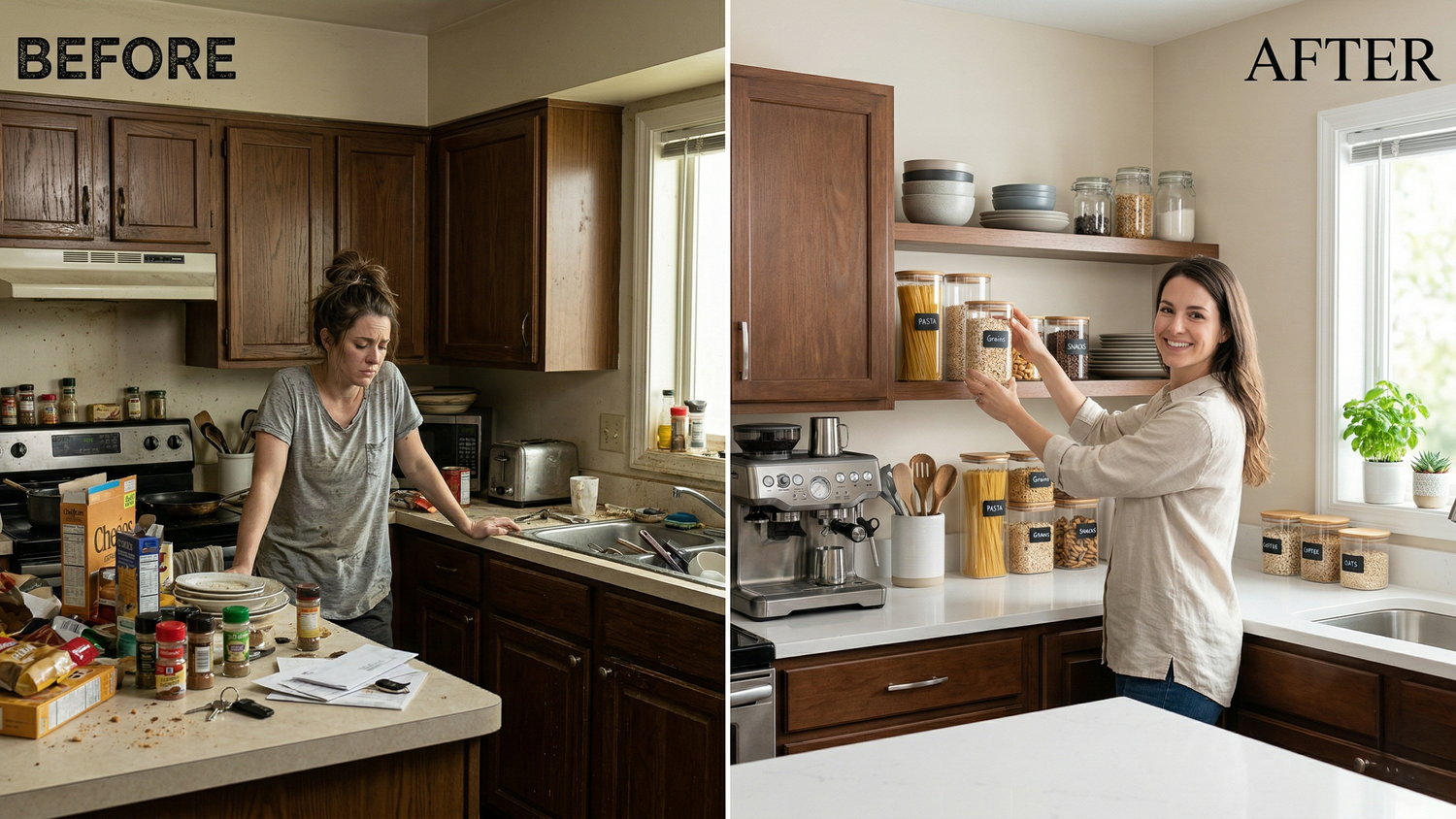 Before and after comparison of a kitchen renovation with a woman in each scene.